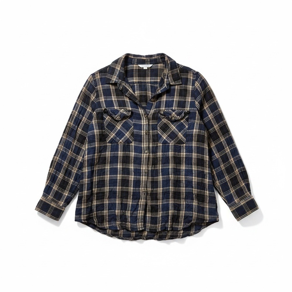 Plus Size 3X Plaid Button Down Shirt Navy Tan Cottagecore Viscose Top